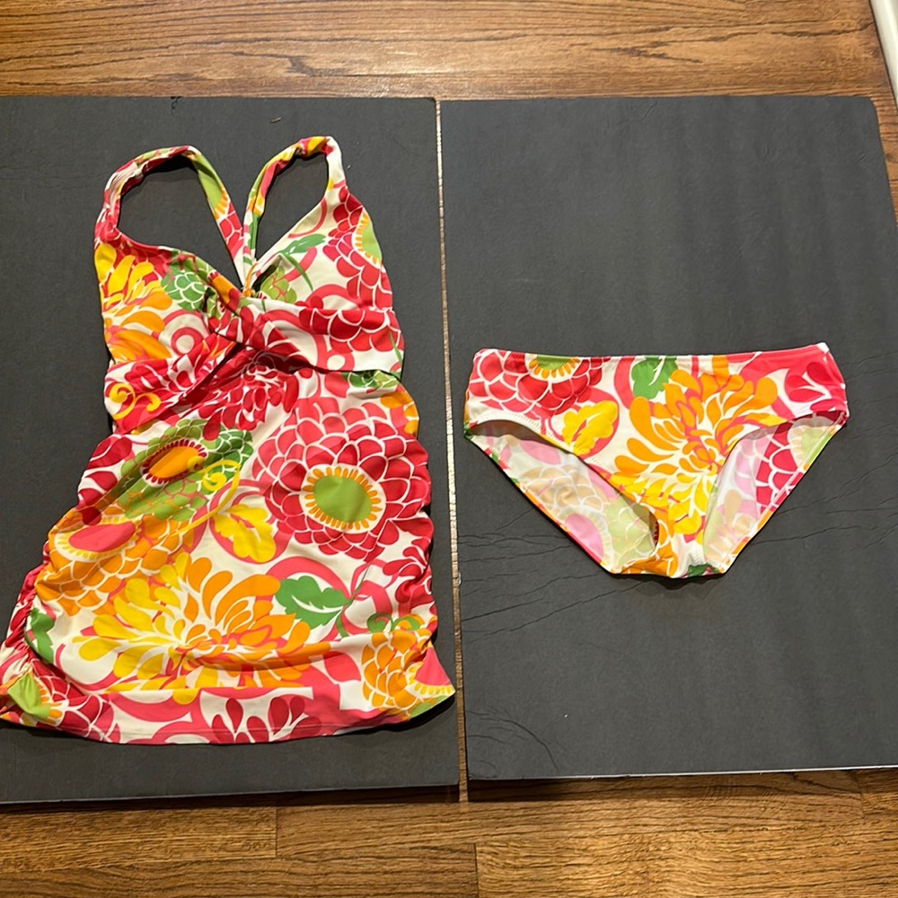 EUC Retro Print Bright Colors Tankini swimsuit Set Top & Bottoms Fits Like M/L